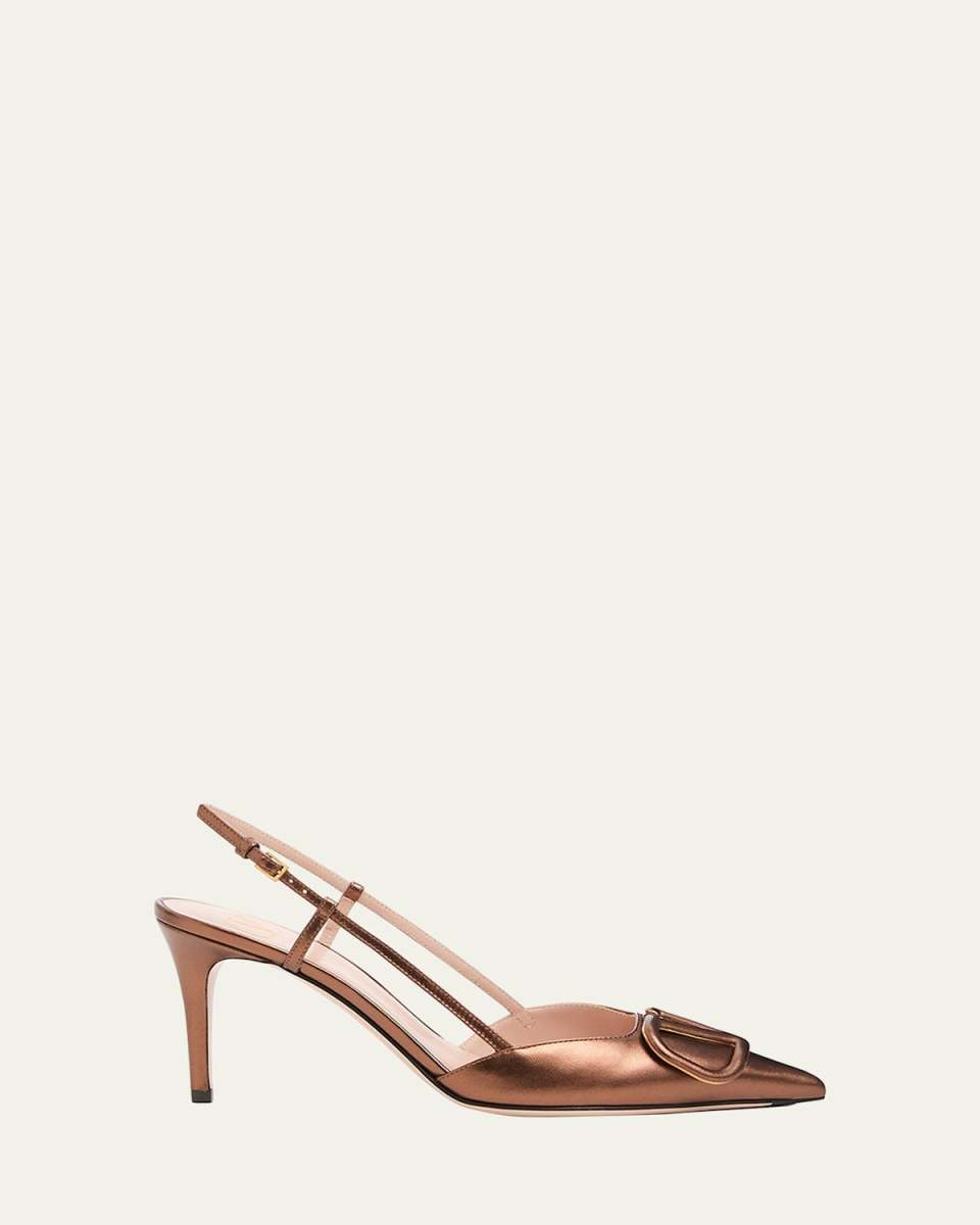 V-Logo Metallic Leather Slingback Pumps